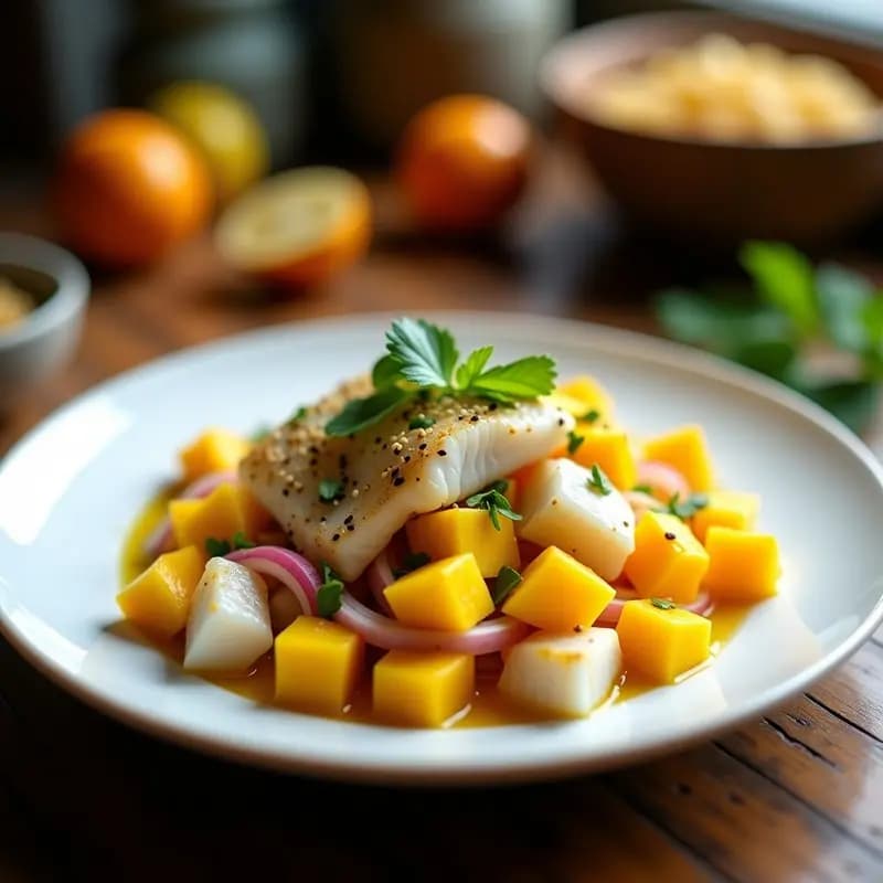 Ceviche de corvina con mango y cúrcuma servido en plato blanco, con trozos de pescado marinado en jugo de limón dorado, cubos de mango fresco, cebolla morada y cilantro. Decorado con semillas de sésamo y acompañado de cancha serrana.