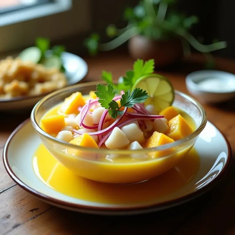 Ceviche de corvina y mango con leche de tigre de lulo servido sobre hojas de lechuga morada, acompañado de cancha serrana y decorado con hilo de leche de tigre. Plato fresco y colorido con tonos amarillos, naranjas y morados.