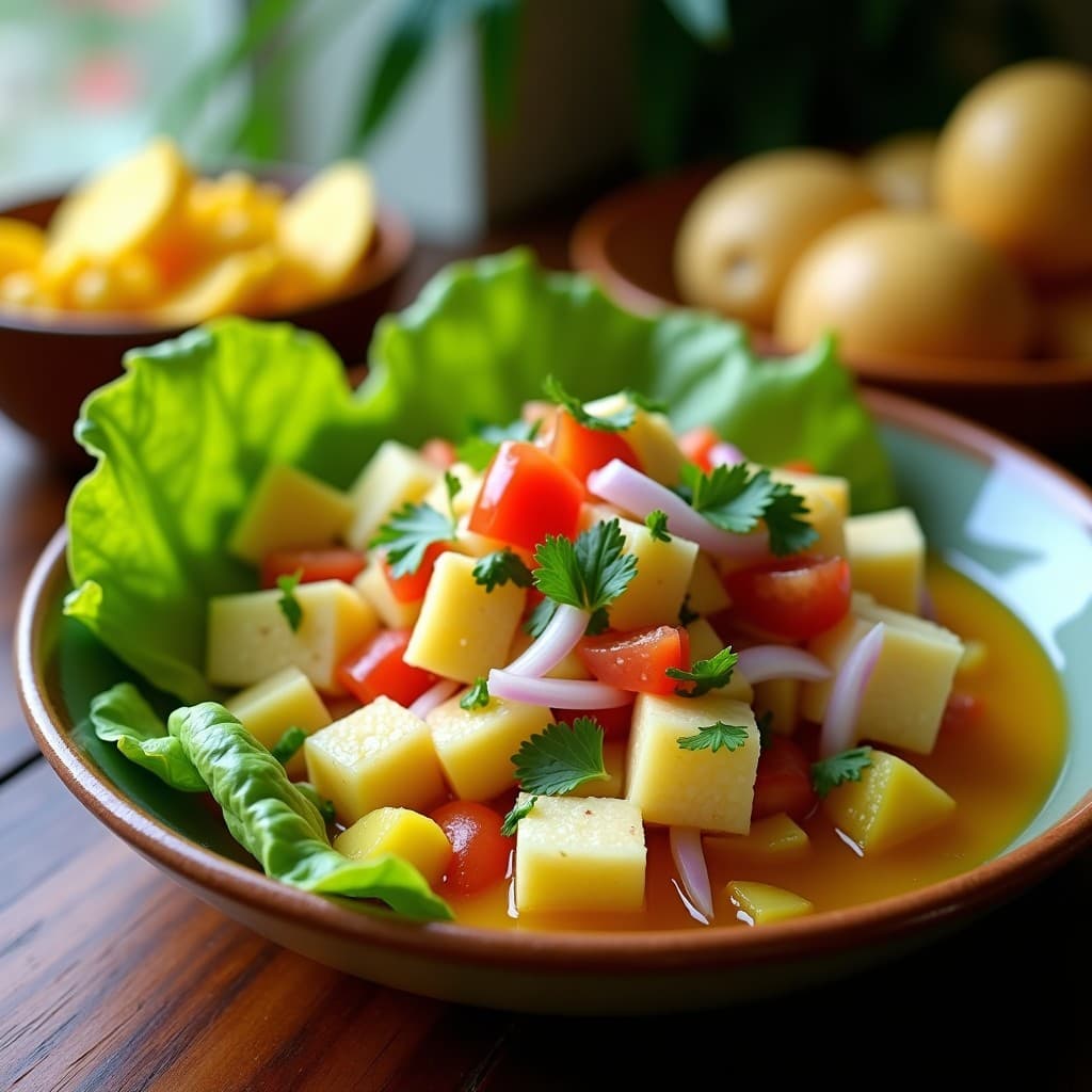 Ceviche de corvina y maracijuya servido en plato hondo sobre hojas de lechuga, con trozos de pescado blanco marinado, cebolla morada, tomate chonto y cilantro. Acompañado de rodajas de papa chola y maíz tostado, con un toque de jugo de maracijuya fresco.
