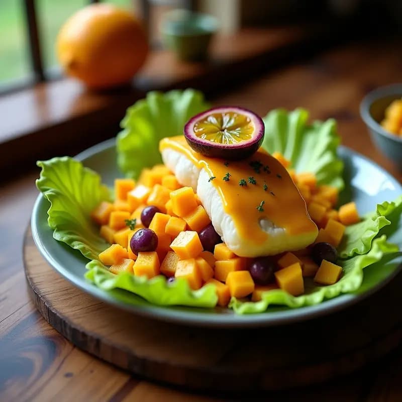 Plato de ceviche de corvina con maracuyá y ají rocoto, servido sobre hojas de lechuga romana, acompañado de camote morado en cubos y maíz tostado, con rodajas de maracuyá como decoración.