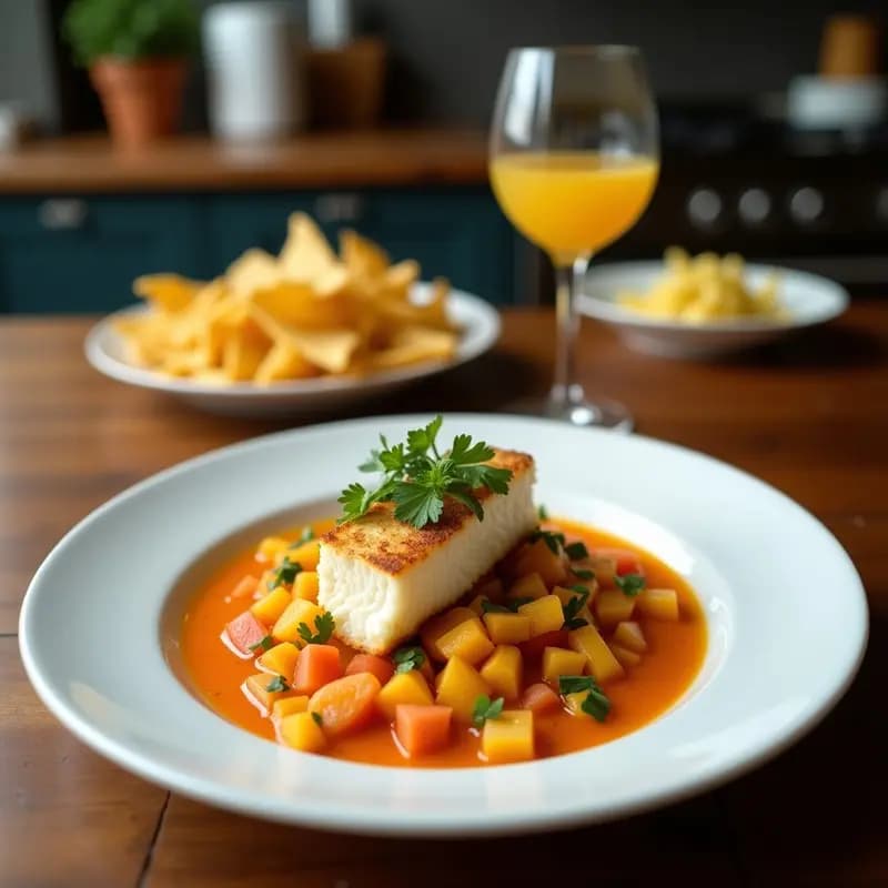 Plato de ceviche de corvina con maracuyá y chips de camote: filetes de pescado blanco marinados en leche de tigre amarilla, decorados con cebolla morada, culantro y láminas crujientes de camote morado dispuestas en círculo, sobre fondo rústico de madera.