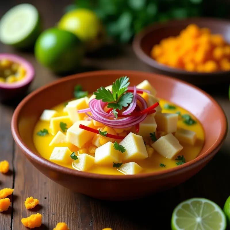 Plato de ceviche de corvina con maracuyá y cancha serrana, servido en un bowl de barro con trozos de pescado marinado en leche de tigre amarilla, pulpa de maracuyá, cebolla roja, cilantro y cancha serrana dorada alrededor. Fondo rústico con limones y ají amarillo.