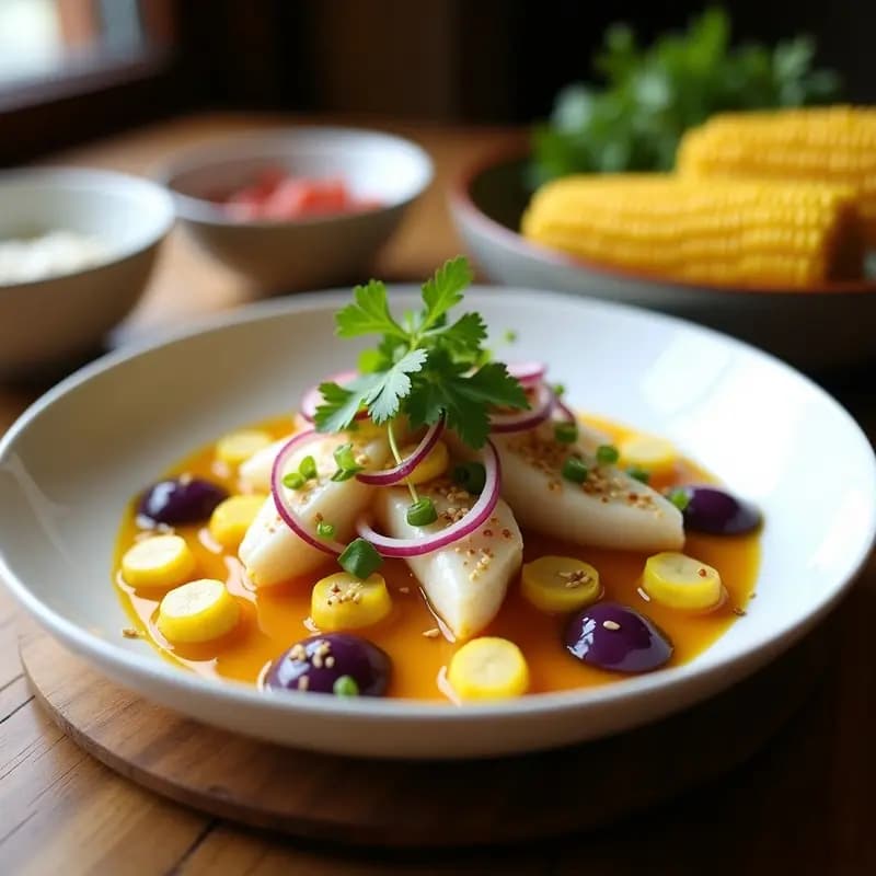 Ceviche de corvina y maracuyá servido en plato blanco hondo, con cubos de pescado blanco marinados en salsa amarilla ácida, cebolla morada en juliana, hierbabuena fresca y semillas de sésamo. Entrante peruano fresco y vibrante.