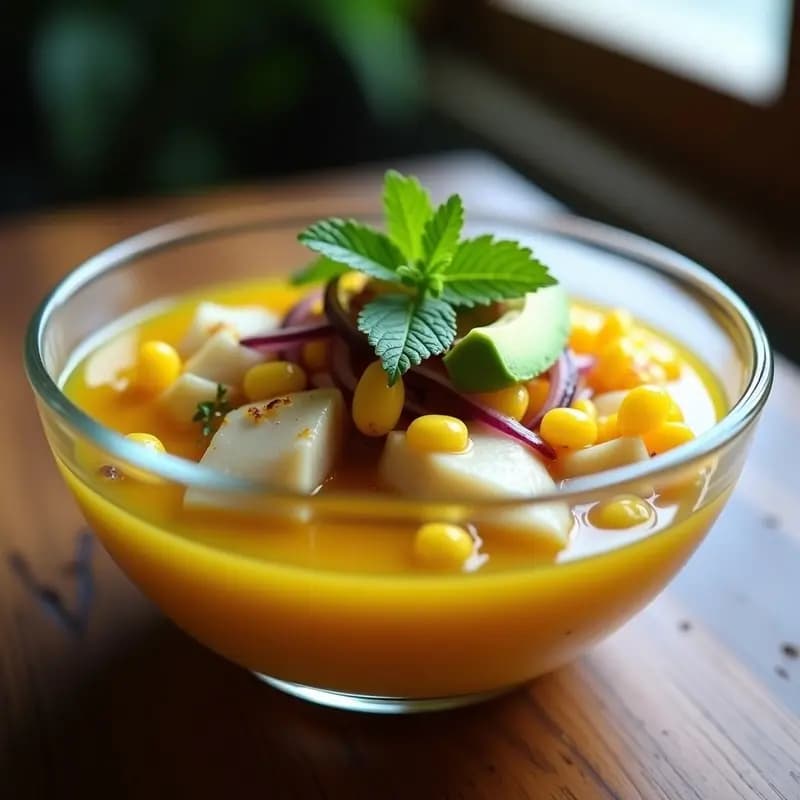 Ceviche de corvina con maracuyá y lulo servido en copa de cristal, con rodajas de camote morado tostado, maíz tostado y hojas de hierbabuena. Plato colorido y fresco, receta colombiana-peruana fusion sin lactosa.