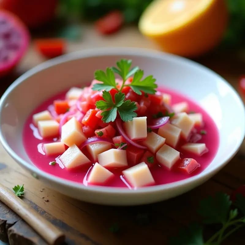 Plato hondo de cerámica blanca con ceviche de corvina en cubos marinado en leche de tigre rosa de pitahaya, acompañado de maíz tierno, batata morada y rodajas de pitahaya. Decorado con cilantro fresco y un hilo de aceite de oliva, sobre fondo rústico de madera.