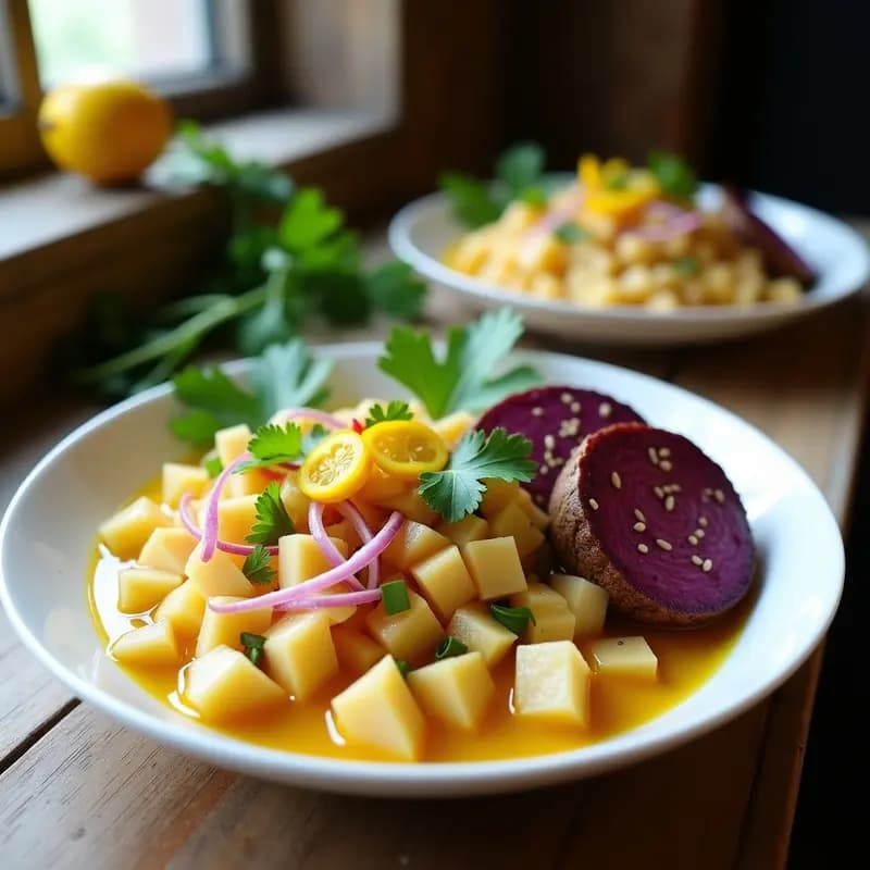 Plato de ceviche de corvina con tumbo y camote morado, servido en un bowl de cerámica blanca sobre fondo rústico. Trozos de corvina marinado en salsa amarilla de tumbo, acompañados de rodajas doradas de camote morado, juliana de cebolla roja, ají amarillo y semillas de sésamo. Decorado con hojas de cilantro fresco.
