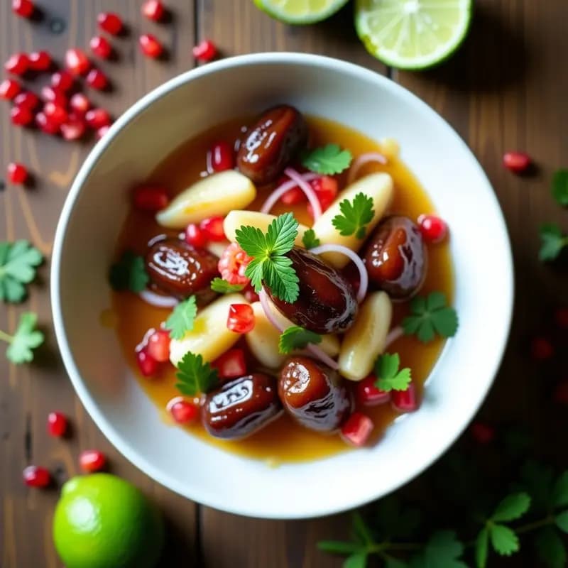 Ceviche de dátiles y alcachofas en bol de cerámica blanca, con semillas de granada y cilantro fresco. Plato de fusión peruano-árabe con toque cítrico, ideal como entrante saludable.