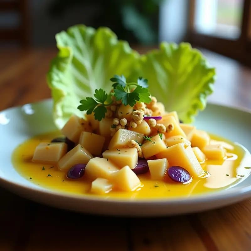 Plato hondo de cerámica blanca con ceviche de dorada en cubos, bañado en leche de tigre de maracuyá de color amarillo intenso, decorado con juliana de cebolla morada, cilantro fresco, apio picado, camote morado en cubos y cancha serrana. Acompañado de hojas de lechuga y hielo picado al lado. Receta peruana cítrica y refrescante.