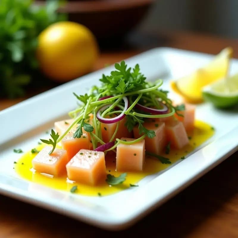 Plato blanco rectangular con ceviche de dorada en cubos marinado, lechuga de mar en tiras verdes, cebolla morada en juliana y culantro fresco, bañado con aceite de oliva virgen extra. Fondos de limón y ají amarillo decoran el borde. Receta peruana fresca y ligera.