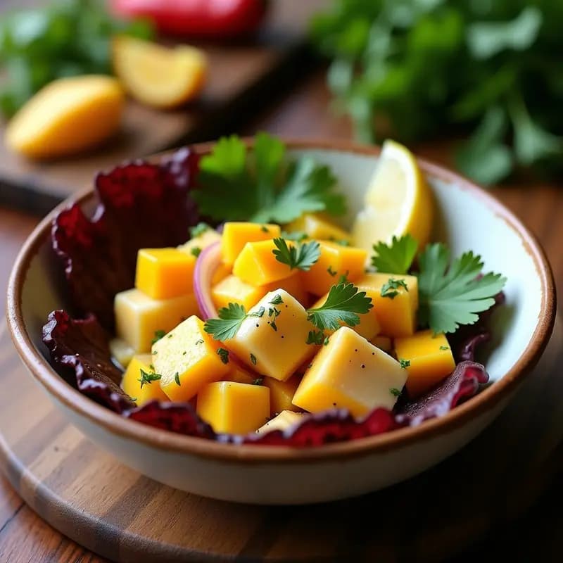 Ceviche de dorada con cubos de mango amarillo y ají amarillo fresco, servido en plato blanco con leche de tigre, cebolla morada y cilantro. Receta peruana alta en omega-3.