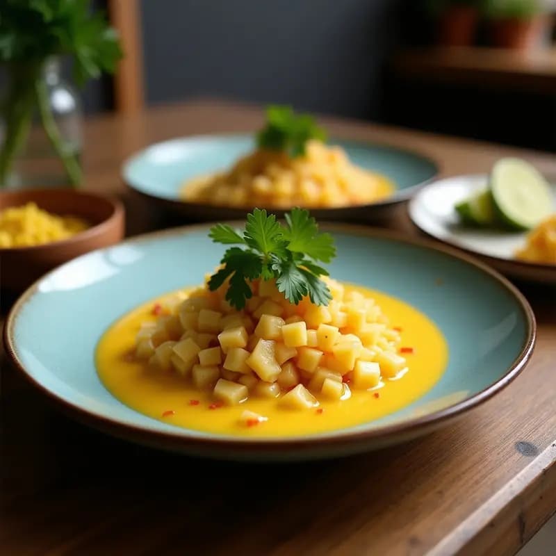 Plato de ceviche de dorado con leche de coco y cilantro servido en un bowl de cerámica blanca, con trozos de pescado marinado en salsa cremosa, cebolla morada, chile dulce y cilantro fresco. Acompañado de cubos de papa y rodajas de aguacate sobre una mesa rústica de madera con fondo de hojas de plátano.