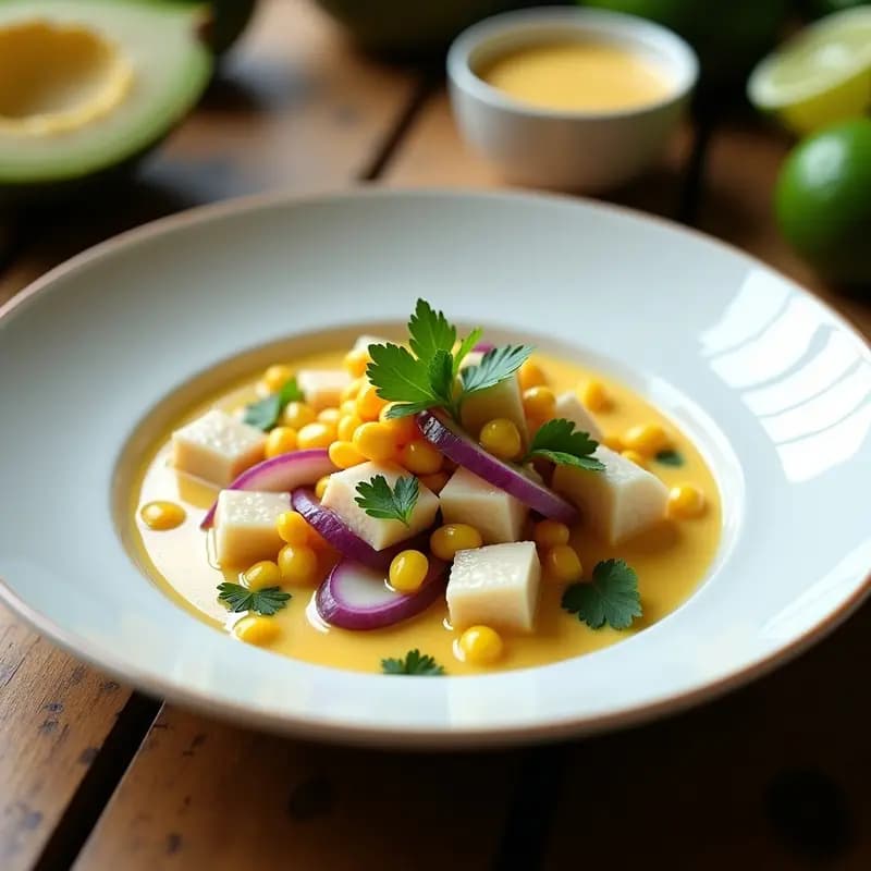 Plato de ceviche de dorado con leche de tigre de lúcuma, servido en un plato blanco hondo con rodajas de camote morado, cancha serrana y hojas de huacatay. El pescado está en cubos perfectos, bañados en una salsa cremosa y amarillenta, acompañados de cebolla roja en juliana y pimiento amarillo. Decorado con un toque de aceite de oliva y flores comestibles.