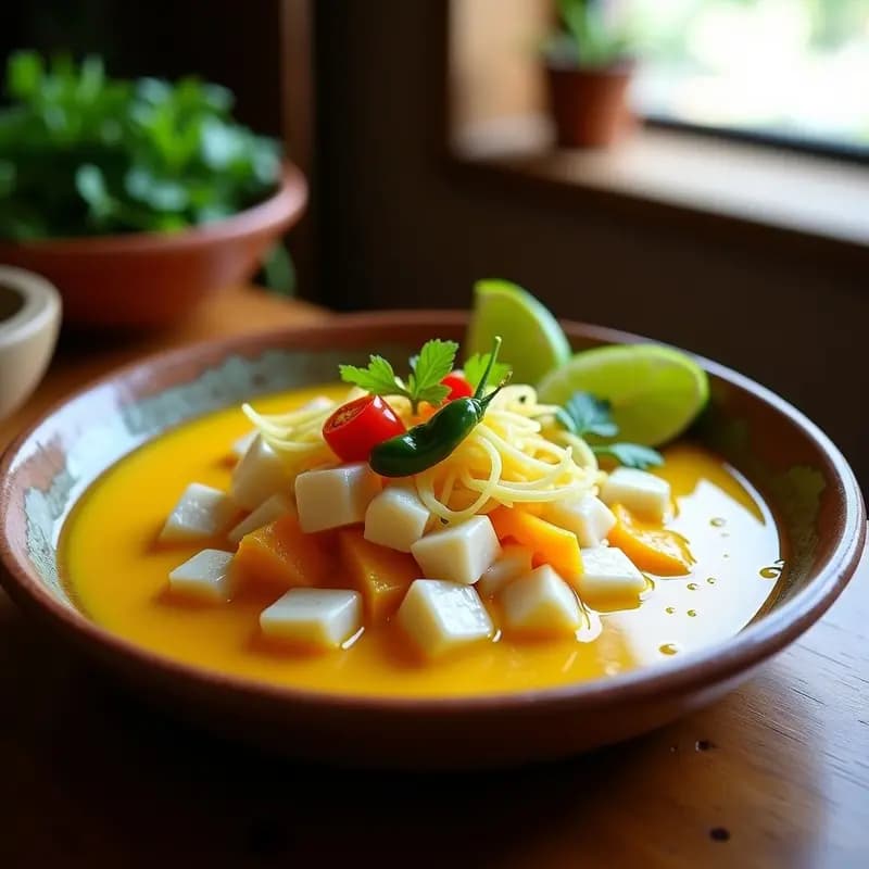 Plato de ceviche de dorfish con leche de tigre y camote morado peruano, servido en un bowl de barro con rodajas de camote, cebolla roja y cilantro fresco, sobre una mesa rústica con limones y ajíes al fondo.