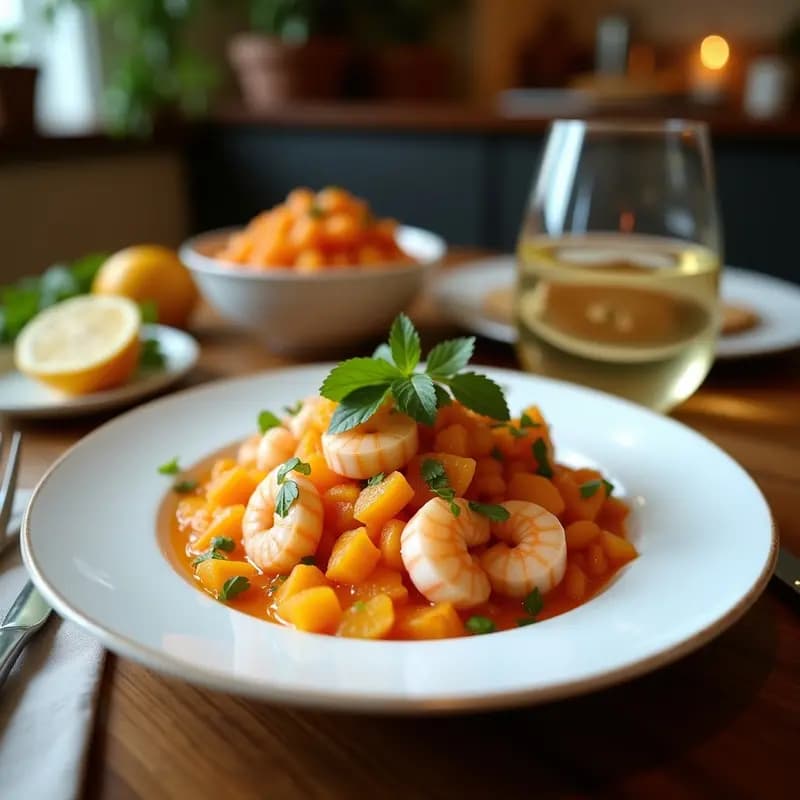 Ceviche ecuatoriano de camarones y naranja agria servido sobre hojas de lechuga romana, decorado con chifles de plátano verde y rodajas de naranja agria, con trozos de cebolla morada, tomate y pimiento rojo en un plato blanco rústico.