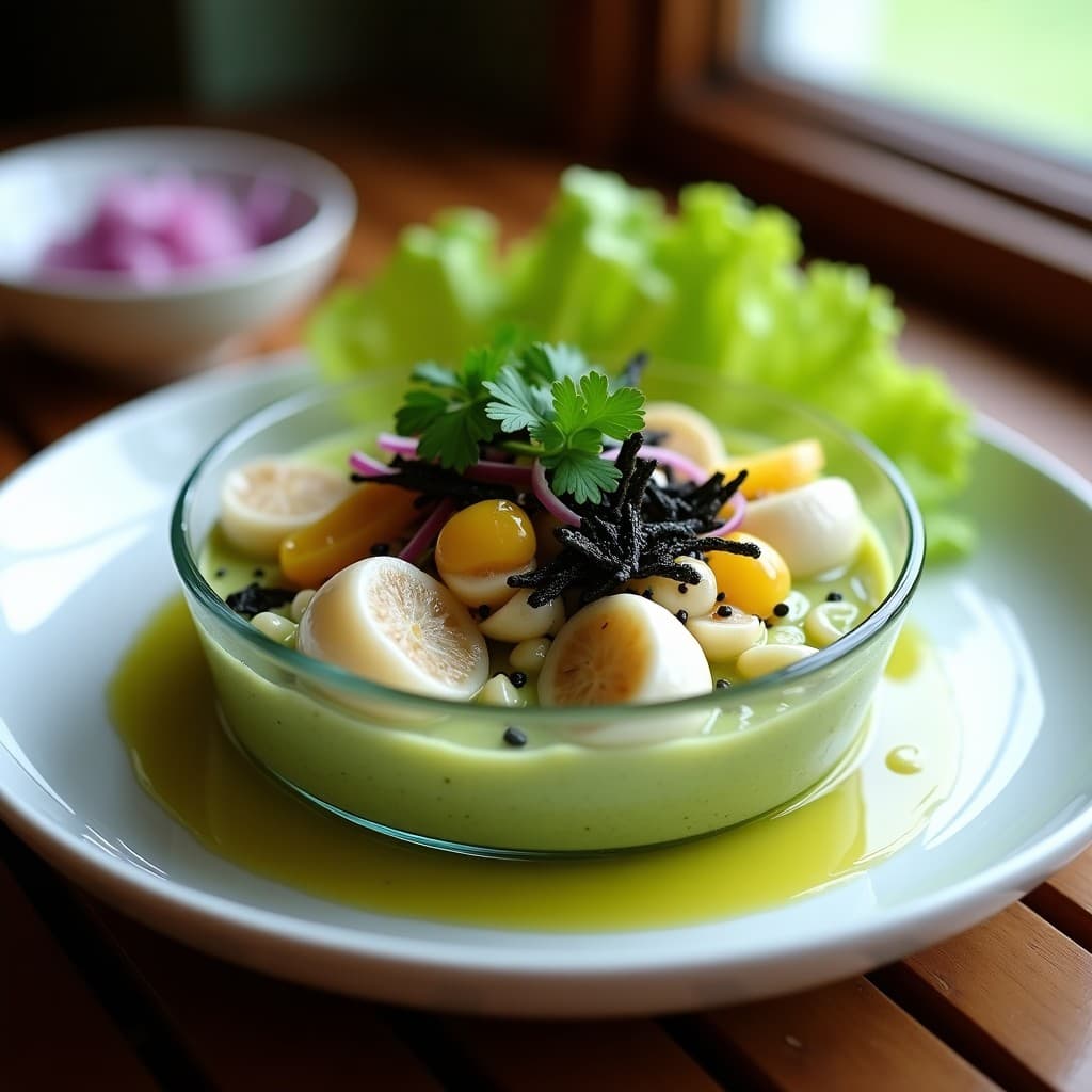Ceviche vegano fusion Japo-Peruano con hongos enoki blancos y tiernos, algas nori tostadas en tiras oscuras, semillas de sésamo negro y cilantro fresco, bañado en leche de tigre de limón verde. Plato servido en copa transparente con fondo de hojas de lechuga.