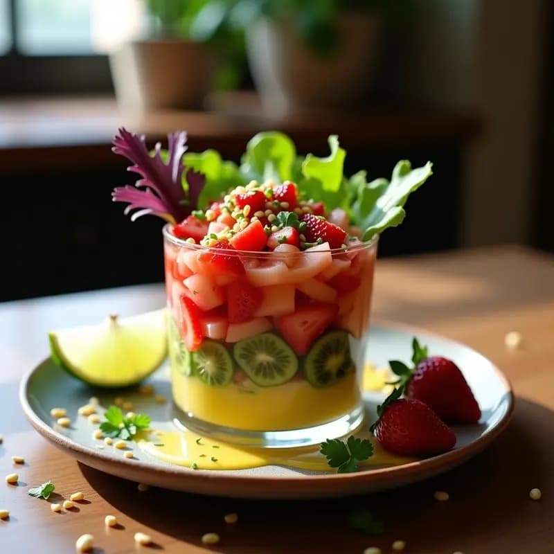 Ceviche de fresas y tomatillo con ají amarillo servido en copa de cristal transparente, con capas de lechuga morada, trozos de fresa roja y tomatillo verde, decorado con semillas de sésamo y cilantro fresco. Plato colorido y refrescante, ideal para redes sociales.