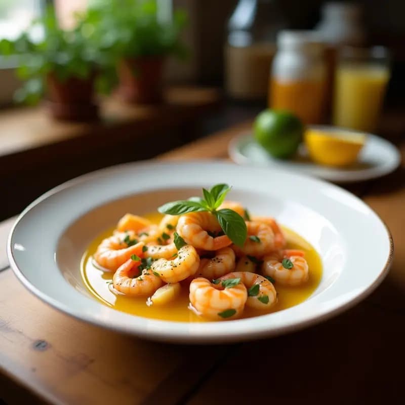Ceviche de gambas con leche de tigre de lima y naranja servido en copa de cristal sobre hojas de lechuga romana, decorado con cebolla morada, pimiento rojo y cilantro fresco. Rodajas de naranja al lado.