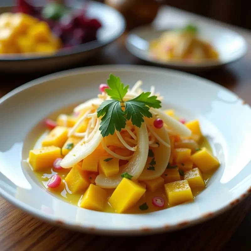 Plato blanco con ceviche de corazón de palma y mango en rodajas, marinado en leche de tigre vegana con tahini, decorado con brotes de soja, pimientas rosas y hojas de lechuga morada. Receta peruana vegana y sin pescado.