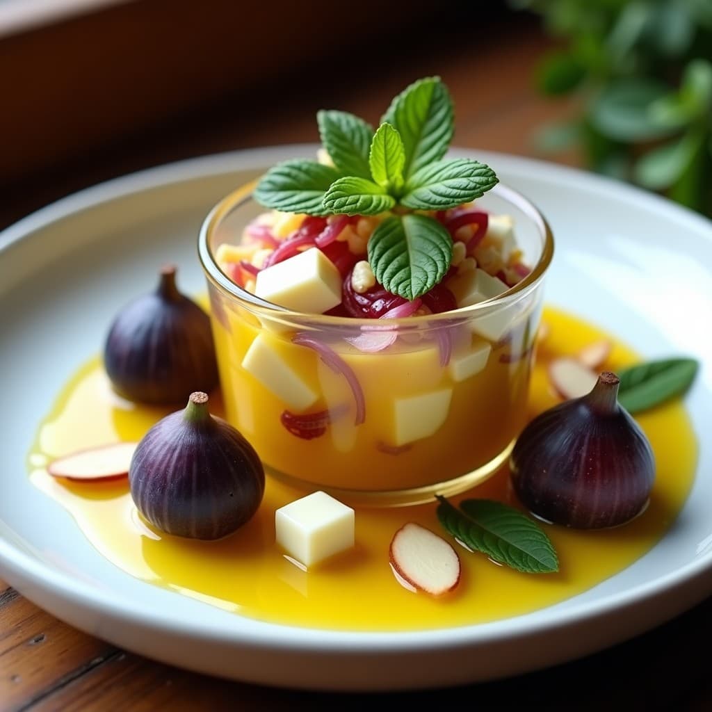 Ceviche de higo y queso de cabra servido en copa de cristal transparente, con capas de higos morados, queso de cabra blanco desmenuzado y almendras tostadas doradas, decorado con hojas de cilantro y rodajas de limón verde al fondo.