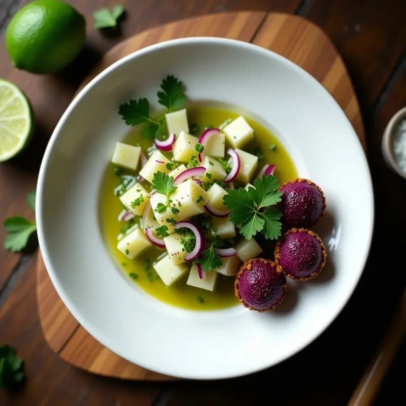 Copa de cristal transparente con ceviche de higos chumbos en cubos bañados en aderezo verde, acompañado de croûtons dorados de maíz morado con semillas de sésamo negro, sobre fondo rústico de madera.