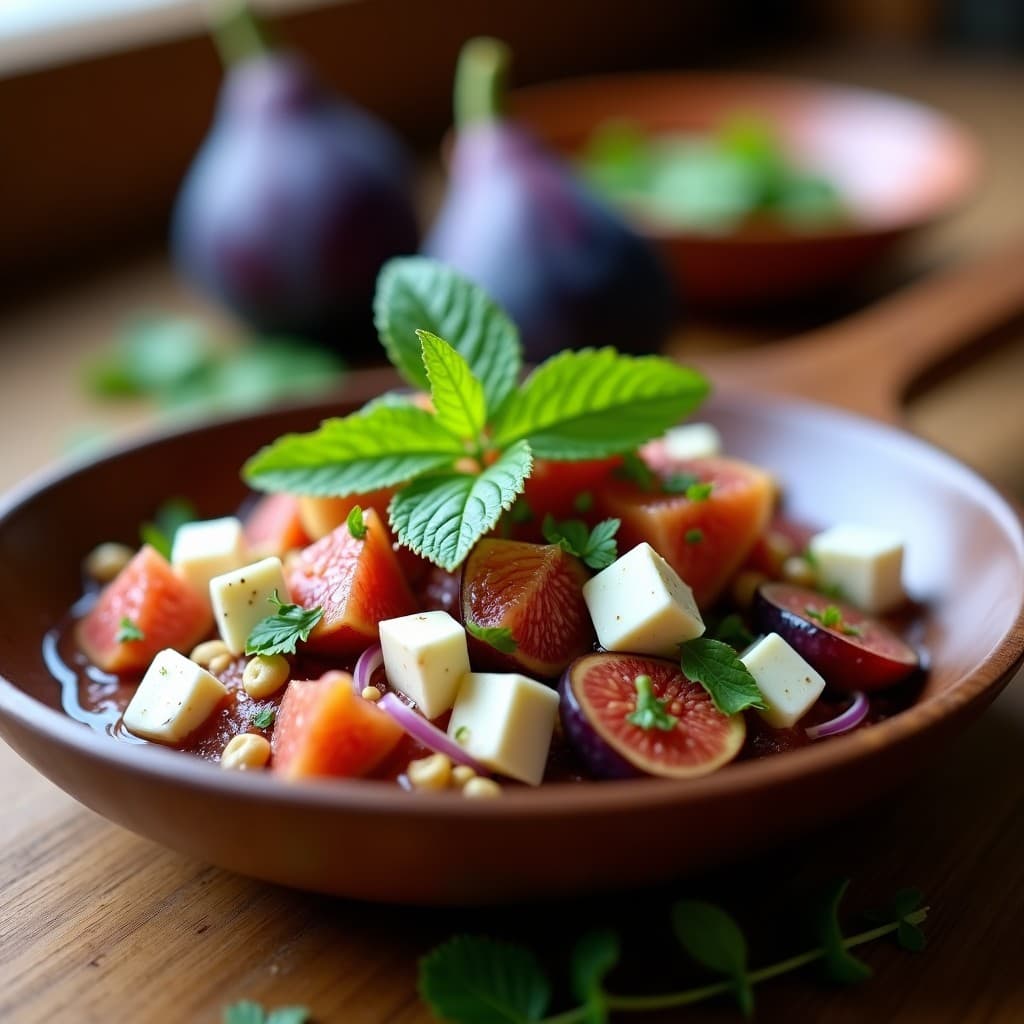 Ceviche de higos con queso de cabra servido en cuchara de madera, con cubos de higos morados, queso de cabra blanco, cebolla morada, nueces picadas y hojas de menta, sobre fondo rústico de madera.