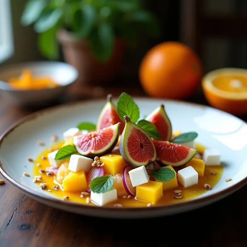 Ceviche de higos y queso fresco con vinagreta de naranja servido en plato blanco rústico, con higos en cuartos, cubos de queso fresco, cebolla morada en juliana, hierbabuena fresca y semillas de sésamo tostado. Decorado con pimienta rosa y un hilo de miel dorada.