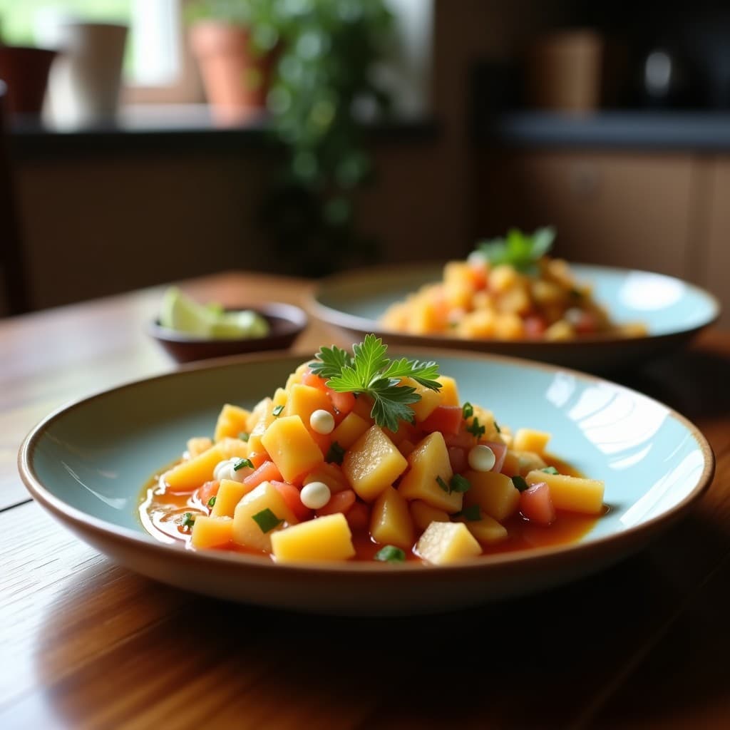 Plato blanco elegante con ceviche de hongo rey y maracuyá vegano, láminas de hongos marinados en leche de tigre amarilla, sobre hojas de lechuga morada, decorado con semillas de sésamo y rodajas de limón verde.