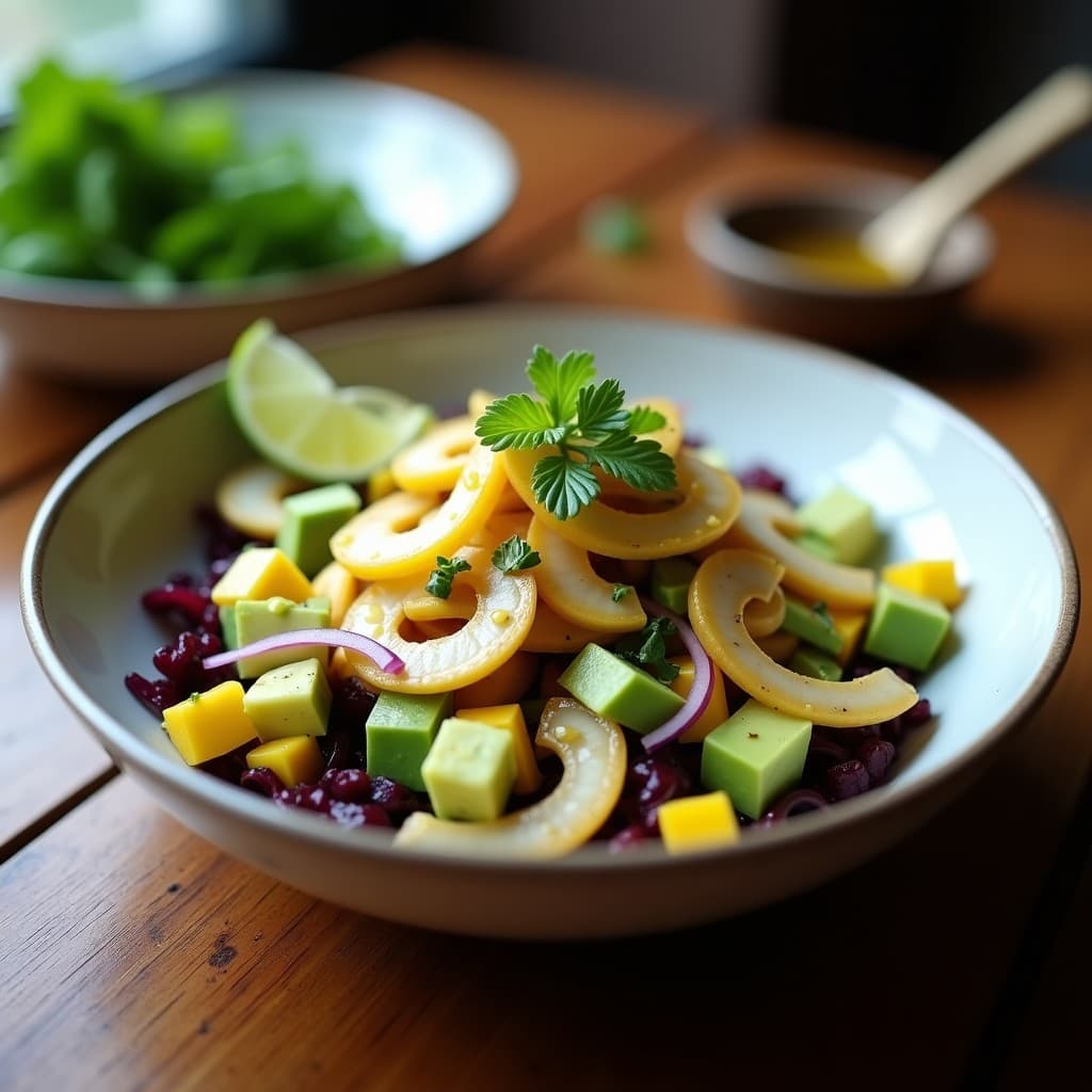 Plato de ceviche vegano peruano con hongos ostra marinados en leche de tigre, cubos de aguacate hass, cebolla roja en juliana y salsa de maracuyá. Decorado con granos de maíz morado y hojas de lechuga morada, servido en un plato hondo de cerámica blanca con un hilo de aceite de oliva.