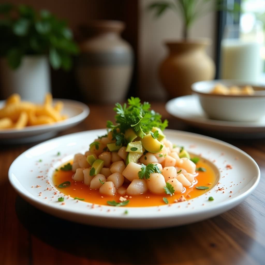Plato blanco alargado con ceviche vegano de hongos ostra en láminas, aguacate en cubos, cebolla morada, culantro y semillas de sésamo, sobre hojas de lechuga morada. Decorado con gajos de naranja sanguina y aceite de oliva. Receta peruana fresca y colorida.