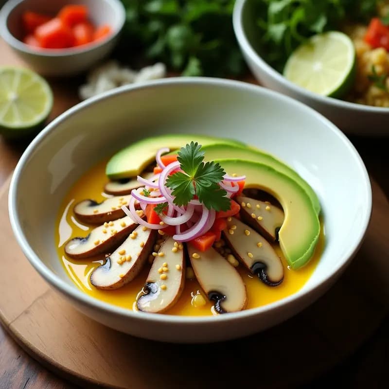 Plato hondo de cerámica blanca con ceiche de hongos ostra en láminas, bañados en leche de tigre amarilla, acompañados de lechuga de mar verde, aguacate en láminas, semillas de sésamo y rodajas de limón. Receta peruana vegana sin pescado.