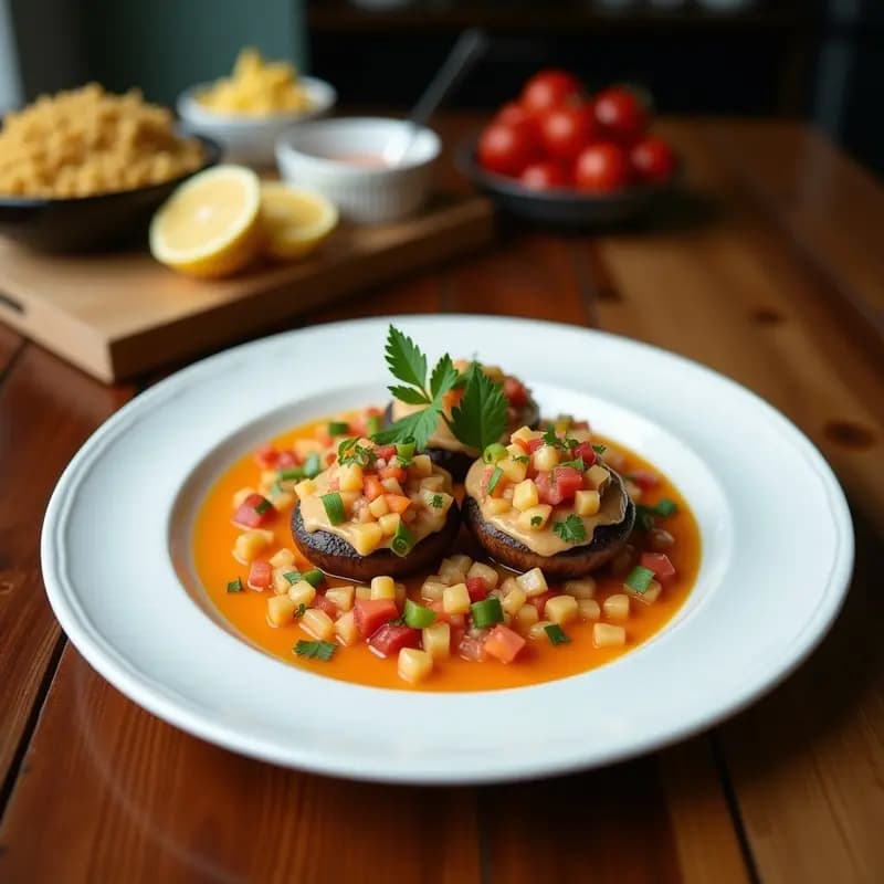 Plato hondo de cerámica blanca con ceviche de hongos portobello en láminas, bañados en leche de coco y limón, decorado con aguacate, cebolla morada, cilantro y semillas de sésamo, servido sobre hojas de lechuga morada. Receta fusion peruanomexicana vegana.