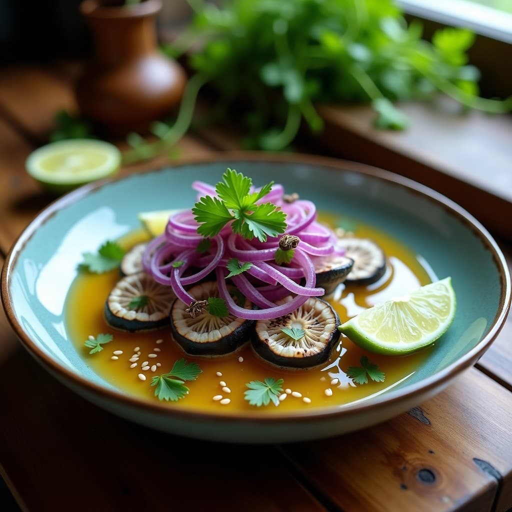 Ceviche vegano de Hongos Tiger Milk marinado en leche de tigre de jengibre, servido en plato blanco con cebolla morada, cilantro morado y copos de alga nori. Acompañado de hojas de lechuga romana y decorado con pimienta rosa.