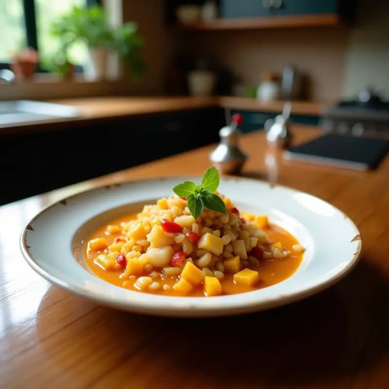 Ceviche vegano de jackfruit en escabeche de naranja sanguina, servido en copa de cristal con capas de lechuga, jackfruit marinado, aguacate y semillas de sésamo. Decorado con rodajas de naranja sanguina y hojas de cilantro fresco.
