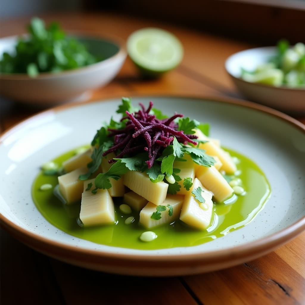 Plato de ceviche vegano Nikkei con jackfruit marinado en leche de tigre verde, acompañado de crujiente de maíz morado y decorado con cilantro y algas nori sobre fondo rústico.
