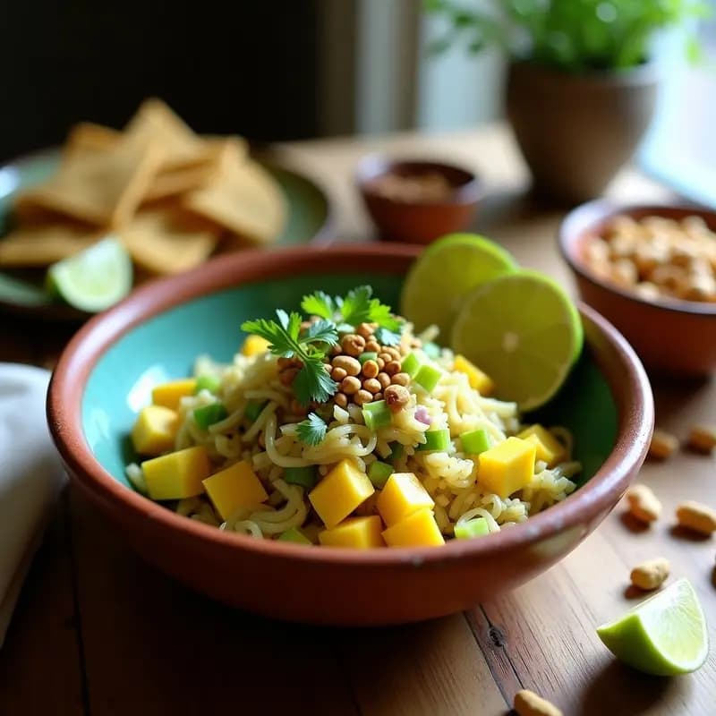 Ceviche vegano de jackfruit y mango verde servido en copa de cristal, con trozos de jackfruit marinado, juliana de mango verde, cebolla morada, cilantro fresco y decorado con pimienta rosa y alga nori, sobre un fondo rústico de madera con rodajas de limón sutil.