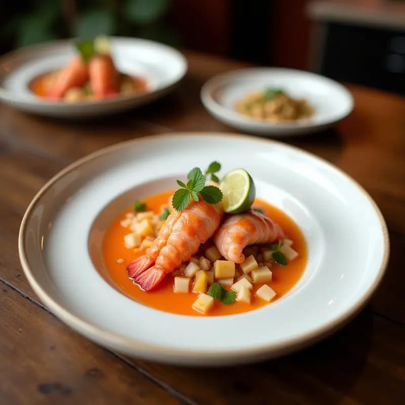 Ceviche de langosta con leche de coco y lima servido en copa de cristal transparente, con cubos de langosta rosada, trozos de mango amarillo, cebolla morada, pimiento rojo y cilantro fresco. Fondo borroso con rodajas de lima y hojas de hierba luisa.