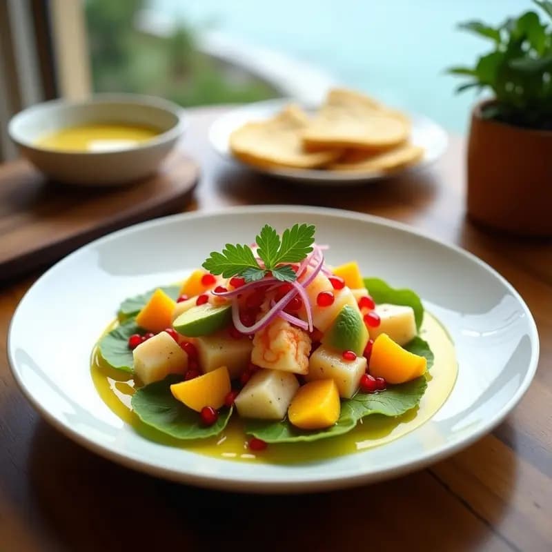 Plato de porcelana blanca con ceviche de langosta en cubos dorados, mezclado con mango amarillo y cebolla morada, bañado en leche de tigre de maracuyá. Decorado con láminas de aguacate, semillas de granada y hojas de cilantro sobre una base de lechuga romana. Acompañado de tostadas de maíz azul.