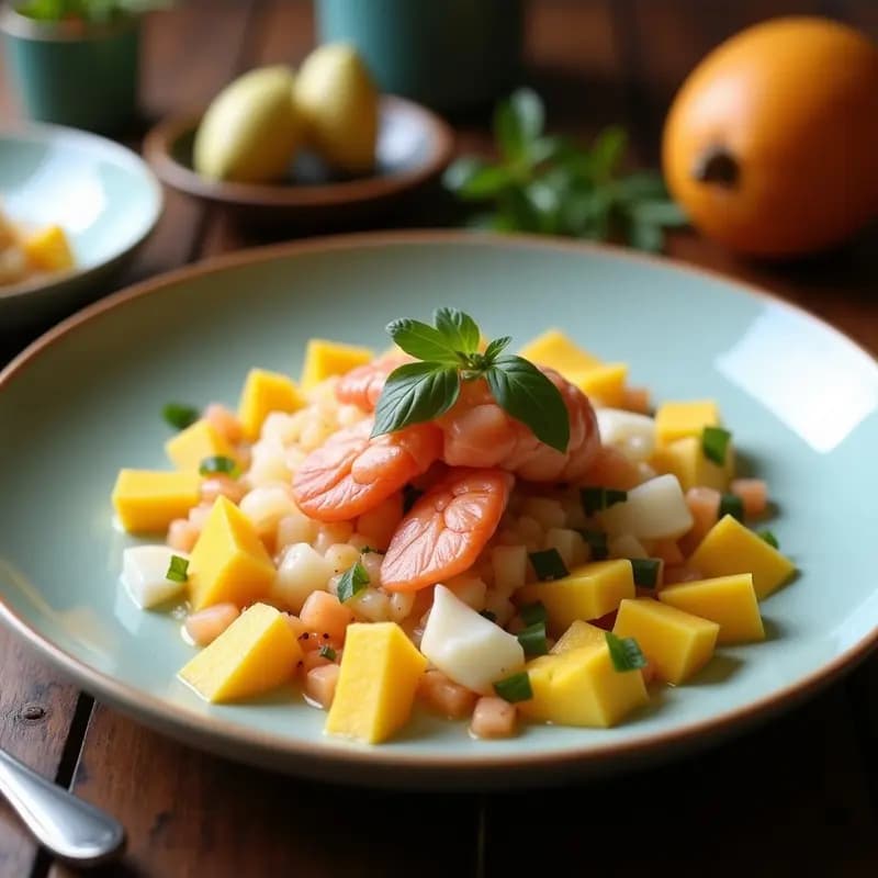 Plato blanco minimalista con ceviche de langosta con mango y leche de coco, servido en cáscara de mango, decorado con cilantro, pimienta rosa y hierbabuena, con un hilo de leche de coco por encima.