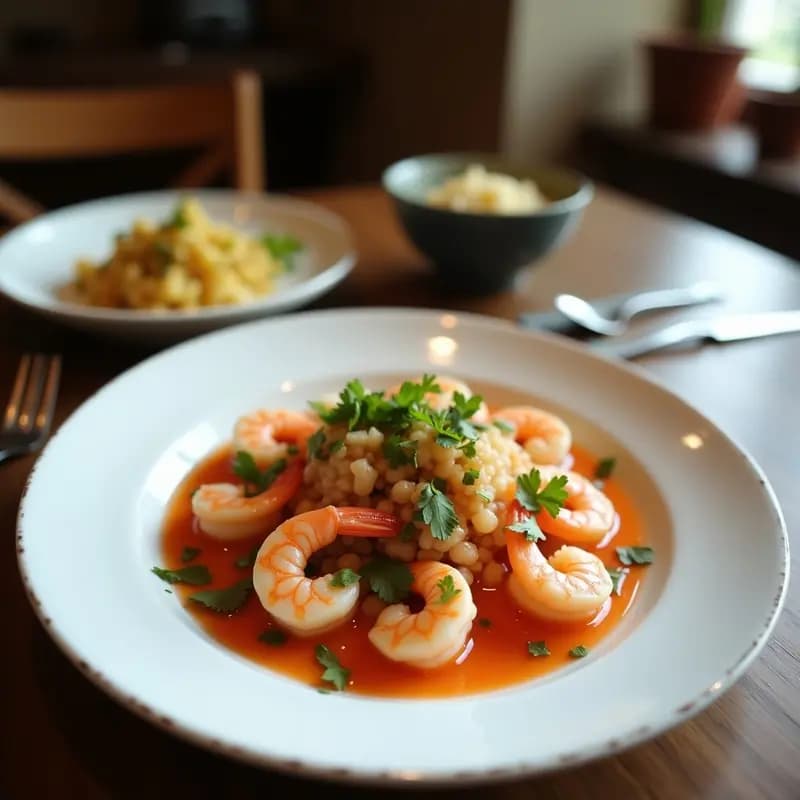 Ceviche de langostinos y coco servido en un bol de cerámica blanca, con langostinos rosados marinado en leche de coco, decorado con coco rallado, cubos de aguacate, cilantro fresco y rodajas de limón sutil, sobre una mesa rústica de madera con hojas de lechuga al lado.