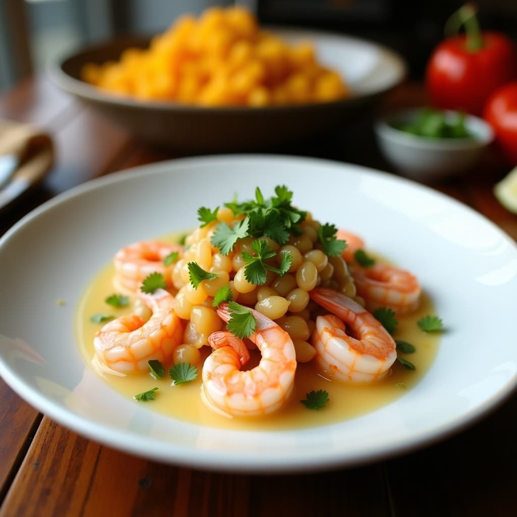 Ceviche de langostinos con leche de coco y cítricos servido en copa de cristal transparente, con trozos de langostino rosado, salsa cremosa amarillenta y decoración de semillas de sésamo, cilantro y rodajas de lima. Plato peruano sin gluten sobre fondo rústico de madera.