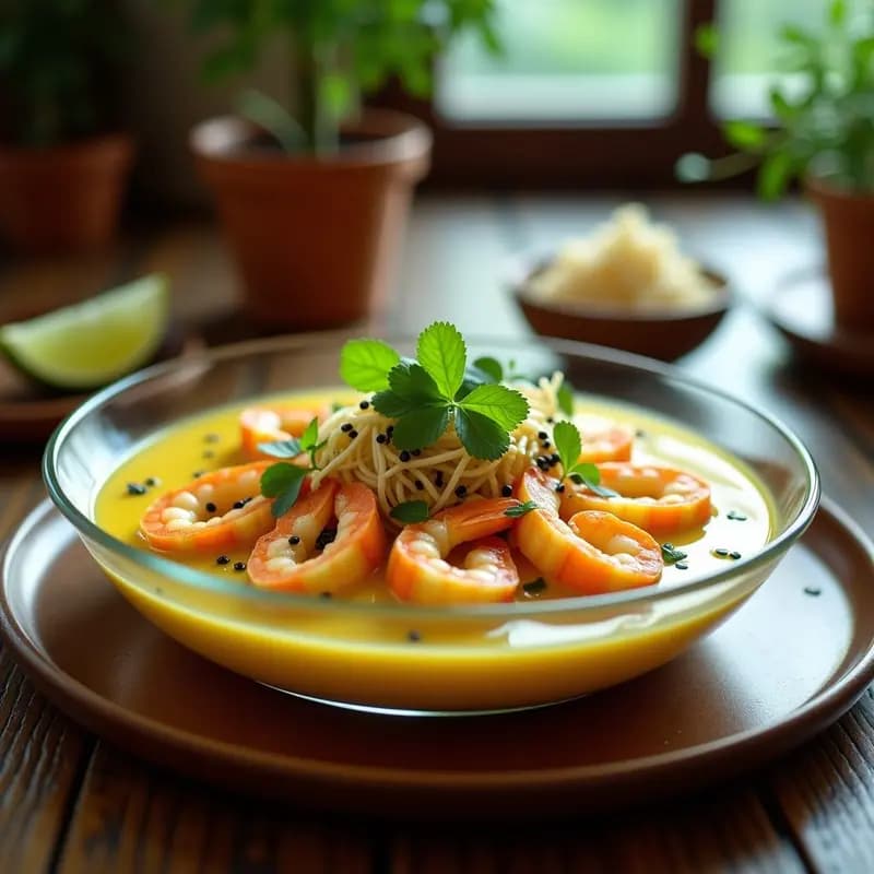 Plato de ceviche vegano de langostinos con leche de coco y cúrcuma, servido en hojas de lechuga morada, con corazones de palma marinados, juliana de cebolla roja, pimiento amarillo, cacahuetes tostados y cilantro fresco. Acabado con aceite de sésamo y algas nori.