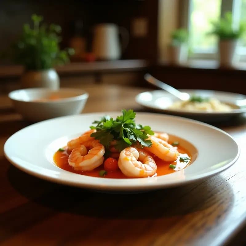 Ceviche de langostinos y leche de coco en copa de cristal transparente, con trozos de langostino rosado, leche de coco cremosa, cebolla morada, pimiento rojo y cilantro fresco. Decorado con cacahuetes picados y aceite de sésamo, sobre fondo de madera rústica con hojas de limón kaffir.