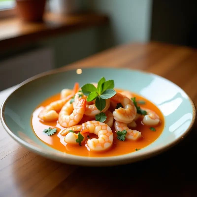 Ceviche de langostinos con leche de coco y limón servido en copas transparentes, con trozos de langostino rosado, cebolla morada, tomate cherry y pimiento rojo. Decorado con hojas de hierbabuena y rodajas de limón sutil sobre un fondo rústico de madera.