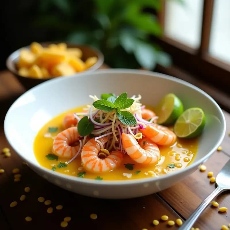 Plato blanco hondo con ceviche de langostinos en leche de tigre de maracuyá, decorado con cebolla morada, cilantro, coco rallado tostado y rodajas de limón verde, sobre fondo rústico de madera con cancha serrana al lado.