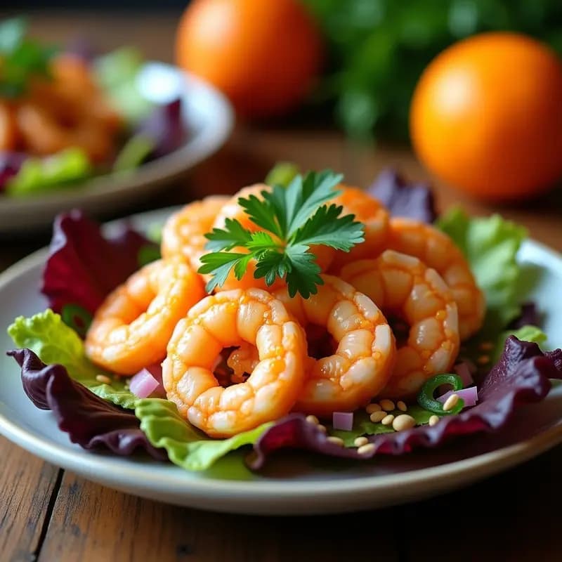 Ceviche de langostinos con leche de tigre de naranja agria servido en chifles de plátano verde, sobre hojas de lechuga morada y decorado con semillas de sésamo. Plato colorido y refrescante típico de la cocina peruana.