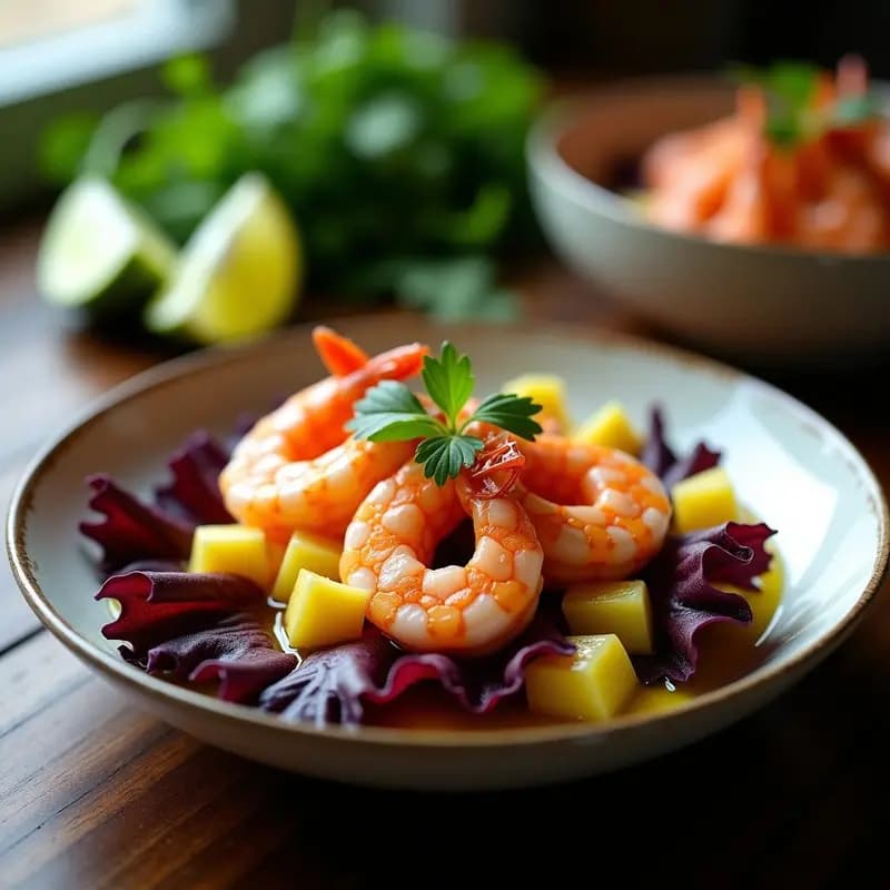 Plato de ceviche peruano de langostinos con leche de tigre y camote, servido sobre hojas de lechuga morada, decorado con rodajas de limón verde y culantro fresco. Receta fresca y alta en Omega-3.