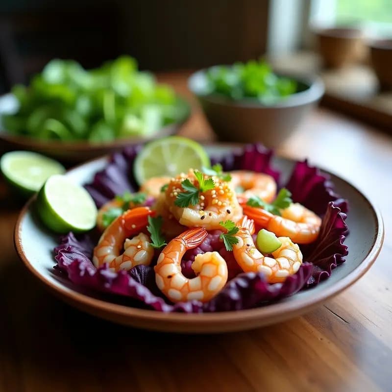 Plato de ceiche de langostinos y limón verde con lechuga morada, servido en base de hojas moradas crujientes, langostinos rosados marinados, cebolla roja, apio y culantro fresco, decorado con semillas de sésamo y rodajas de limón verde.