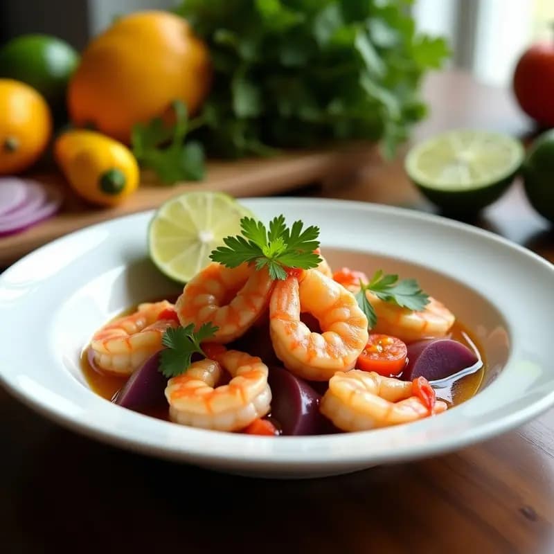 Plato hondo de cerámica blanca con ceviche de langostinos y lúcuma, decorado con rodajas de camote morado, hojas de lechuga morada y gajos de limón verde. Los langostinos brillan con el marinado cítrico, y la crema de lúcuma añade un toque dorado y cremoso. Fondos borrosos de ingredientes frescos como ají amarillo y culantro.