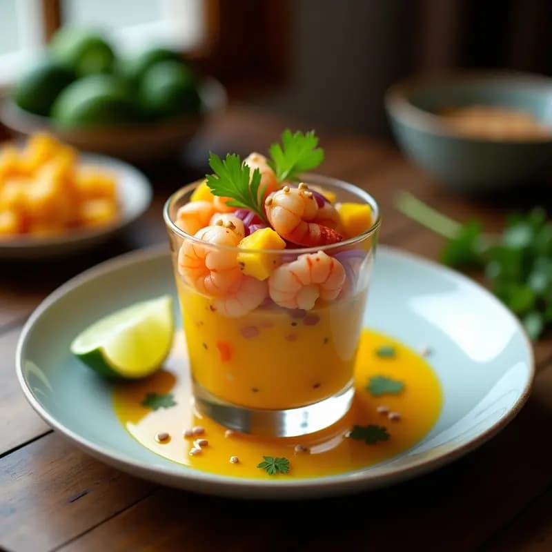 Ceviche de langostinos con mango y cúrcuma servido en copa de cristal, con trozos dorados de mango, langostinos rosados, cebolla morada y decoración de cilantro y pimienta rosa sobre fondo rústico de madera.