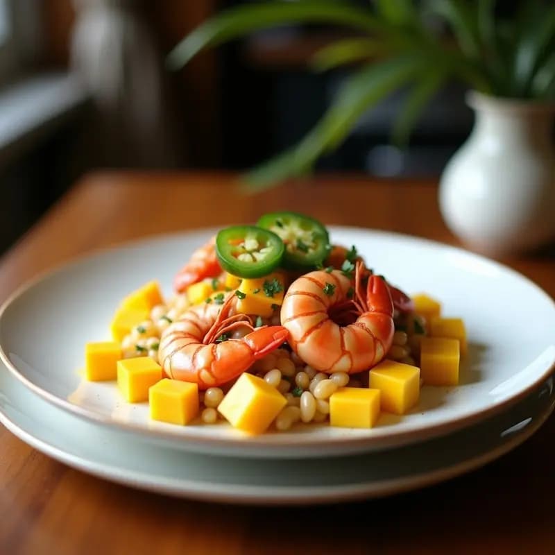 Ceviche de langostinos con mango y jalapeño servido en plato hondo sobre hojas verdes, con trozos de mango amarillo, langostinos rosados y jalapeño verde, decorado con cilantro fresco y rodajas de limón.